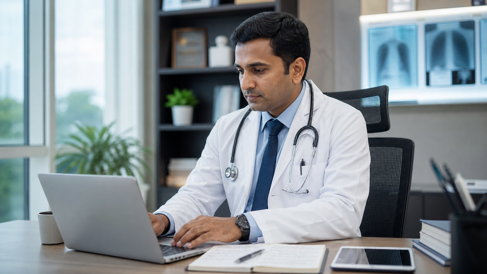 Doctor reviewing medical content on a tablet in a clinical workspace